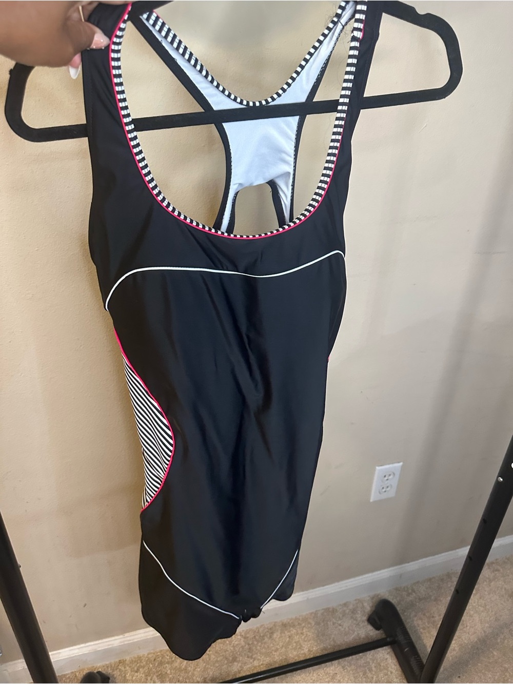 Women's Black One-Piece Athletic Swimdress with Red Trim